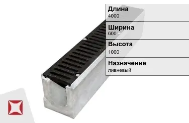 Чугунный лоток ливневый 4000х600х1000 мм ГОСТ 32955-2014 в Костанае